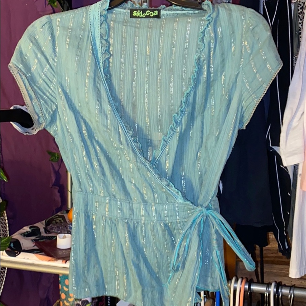 Blue tie up shirt
